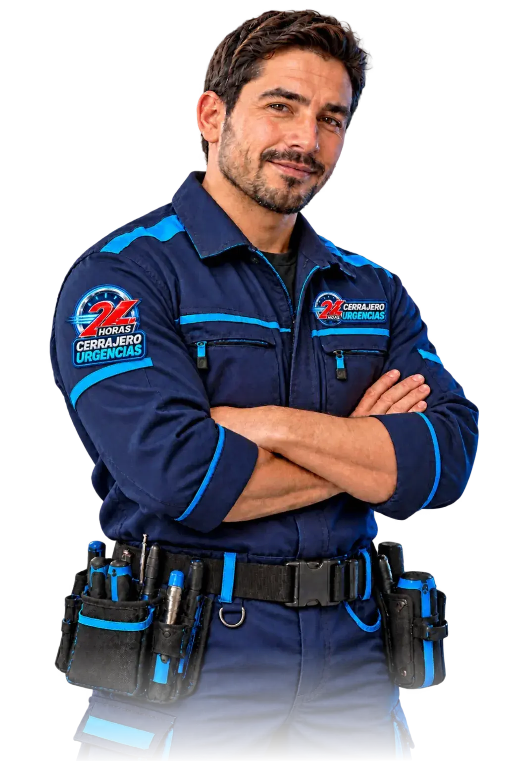 Avatar corporativo de Cerrajería Urgencias con uniforme azul y logos en pecho y manga